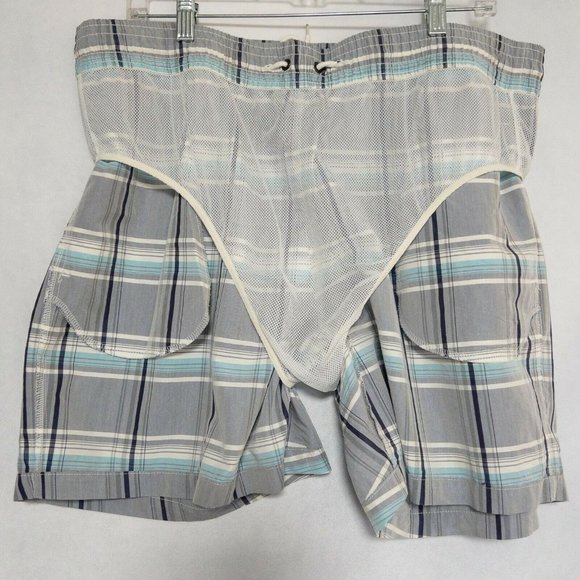 Lacoste Gray Plaid Board Short Mens XL Adjustable Waist Mesh Lined Swim Trunks - Picture 6 of 7